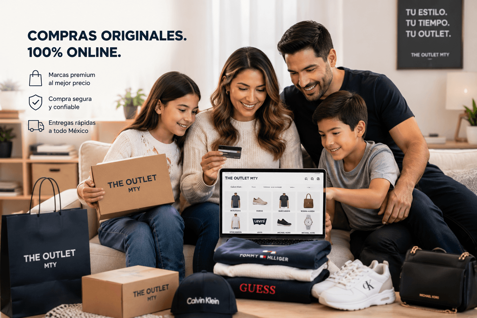 Familia disfrutando de una experiencia de compra en THE OUTLET MTY: compras originales, 100% online